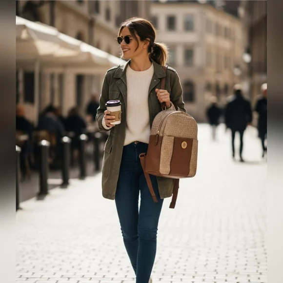 🌿Tommy Hilfiger Women's Logo Jaquared Dome Tan & Brown Backpack - Picture 10 of 12